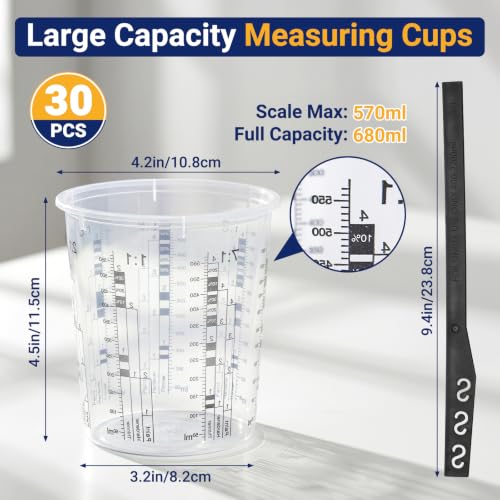 30 Pack 19oz 570ml Clear Plastic Paint Mixing Cups with 30 Stir Sticks - Disposable Graduated Measuring Cups for Paint, Resin & Epoxy with ML Scale & 3-Column Ratios (1:1-7:1) for DIY Crafts - size: 19oz / 570ml