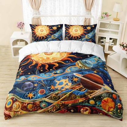 AILONEN Space Galaxy Duvet Cover Set King Size,Boho Sun Planet Bedding Set Cartoon Kids Quilt Cover with 2 Pillowcases,Soft 3-Piece Exotic Themed for Boys Girls - color: Sun and Moon16, size: King