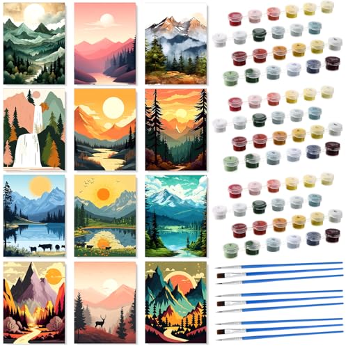 Humyoun 12 Pack 9 x 12 Inch Paint by Numbers Kit for Adults Beginners DIY Acrylic Oil Painting Paint by Number Kits Drawing Paintwork on Canvas Without Frame for Home Decor(Mountain Style) - style: Mountain Style