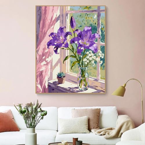 ZRIZQ Paint by Numbers Kit for Adults Beginner,Purple Flowers,16x20 | Full set with wooden brushes,rolled canvas,rich paints.Calming activity.Beginner friendly.Just open and paint. - color: 16"X20"Rolled Canvas-Purple Flowers
