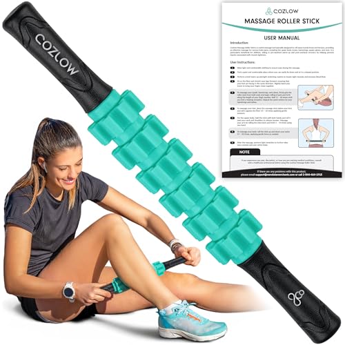 Muscle Roller Stick - Green - Hand Held Body Massager with 9 Rollers & Non-Slip Handles - Deep Tissue Massage & Maximum Muscle Recovery - Leg, Back, Arm, Thigh, Butt Sculpting Tool - by Cozlow - color: Green