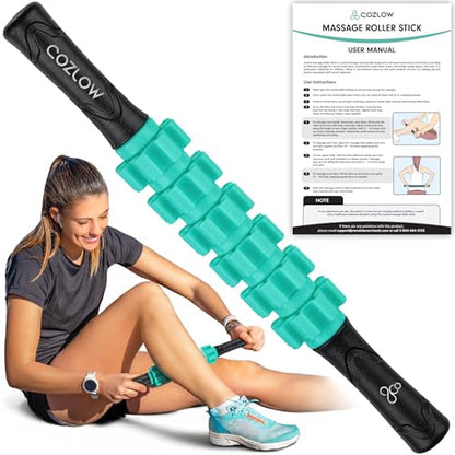 Muscle Roller Stick - Green - Hand Held Body Massager with 9 Rollers & Non-Slip Handles - Deep Tissue Massage & Maximum Muscle Recovery - Leg, Back, Arm, Thigh, Butt Sculpting Tool - by Cozlow - color: Green