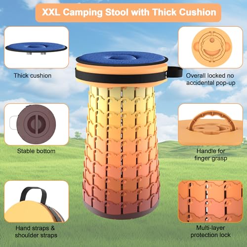 ALEVMOOM Upgraded XXL 19.7" Collapsible Stool with Cushion, Heavy Duty Portable Folding Stool Max Load 1000 lbs, Retractable Telescoping Foldable Seat Chair for Camping Fishing Travel - color: Gradual Fire