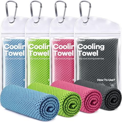 ROXUN Cooling Towels, 4 Pack (40''x12'') Chilly Ice Rags for Neck and Face | Dark Gray+Grayish Blue+Pink+Green, Soft Breathable, Sports and Outdoor Workouts, Comes with Storage Bags & Carabiners - color: Dark Gray+grayish Blue+pink+green