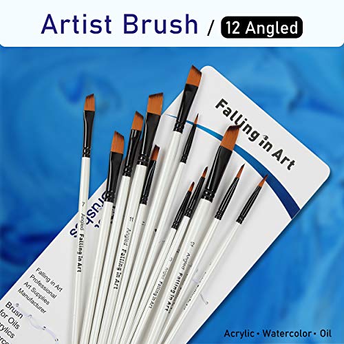 Falling in Art 12 PCS Professional Angled Paint Brushes Set | Artist Brushes for Watercolor, Oil Painting, Acrylic, Face Body Nail Art, Crafts, Rock Painting - size: 12 Pcs Angled Nylon