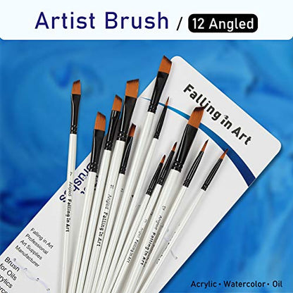 Falling in Art 12 PCS Professional Angled Paint Brushes Set | Artist Brushes for Watercolor, Oil Painting, Acrylic, Face Body Nail Art, Crafts, Rock Painting - size: 12 Pcs Angled Nylon