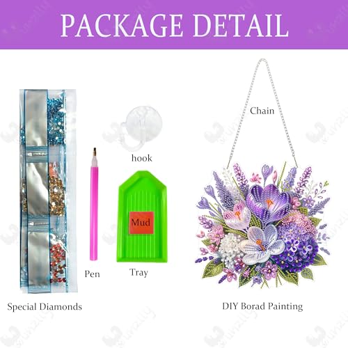 Yunzlly DIY Hanging Diamond Art Pendant Kit Wreath, Special Crystal Spring Diamonds Painting Ornament Kit for Adults, Acrylic Board Gem Painting Box Kit (Purple Flower) - color: Purple Flower