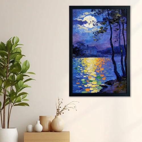 Seaofcity Moonlit Lake Landscape Wall Art, Framed Wall Art for Living Room, Night Blue Scene with Moon Reflection and Distant Cabin, Oil Painting on Canvas, Black Wood Frame, 16" W x 24" L - color: Moonlit Water Lilies, size: 24"l X 16"w
