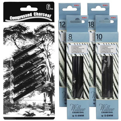 MyLifeUNIT 6 Pack Compressed Charcoal Sticks (2 Soft, 2 Medium and 2 Hard), 48 PCS Willow Charcoal Pencils for Artists Drawing
