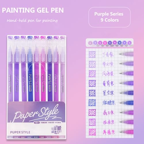 Gel Pens with 0.6mm Fine Point, 9 Colors Acrylic Drawing Gel Pen | Smooth Writing Pen Set for Journaling, Purple Style, Drawing Pencils for Adult Coloring Books - color: Purple Style