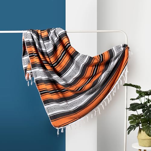 Airooglee Large Mexican Blanket - Perfect as Yoga Blanket, Outdoor Blanket, Beach Blanket, Serape Blanket, Picnic Blanket, Camping Blanket, Boho Home Décor (Orange) - color: Orange