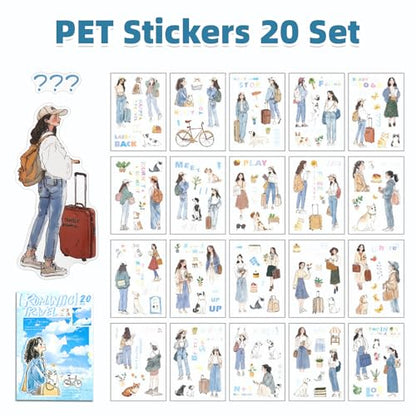 Romantic Getaway Sticker Scrapbooking Supplies for Junk Journal, 20 Sheets PET Stickers - Vintage Journaling Stickers, Ephemera Sticker Book Pre Cut(TZ-009-005) - style: Romantic Getaway