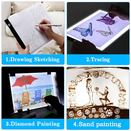 Ratukall A4 LED Light Pad for Diamond Art, USB Powered Light Board Kit | Adjustable Brightness Tracing Light Box with Diamond Painting Accessories & Tools, Includes Storage Case, Drill Pens & Stand - style: 01-A4 Light Pad Kit