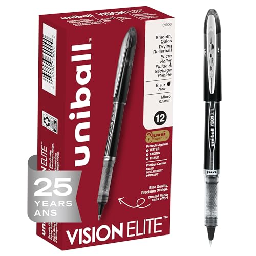 uni-ball Vision Elite Rollerball Pens Fine Point Micro Tip, 0.5mm, Black, 12 Pack - color: Black, size: 12 Count (Pack of 1), style: Micro Point