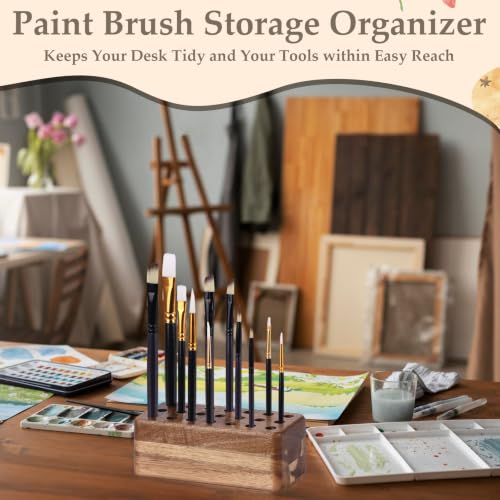21 Holes Paint Brush Storage Organizer Wooden Paint Brush Holder Stand for Art Brushes Artist Brush Holder for Office Desk Craft Tool Holder 5.9 × 2.8 × 2.2 In