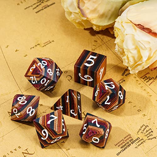 Wooden DND Dice Set Wood Polyhedral Dice Set D&D for Tabletop Games - color: Yellow Striped