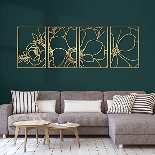 Glamativity 4 Pack Gold Wall Art, Flower Minimalist Single Line Art, Real Metal Nature Floral Abstract Wall Decor for Kitchen Bedroom Living Room - color: Gold Blossom Style, size: M Size 17 x 11.8''