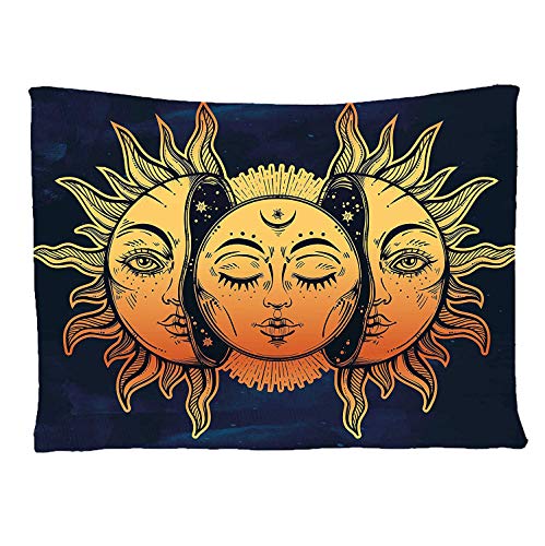 Ambesonne Psychedelic Tapestry, Moon and Sun with Many Fractal Faces Celestial Energy Mystic Art Print, Wide Wall Hanging for Bedroom Living Room Dorm, 60" X 40", Blue Orange - color: Blue Yellow, size: 45"L x 40"W
