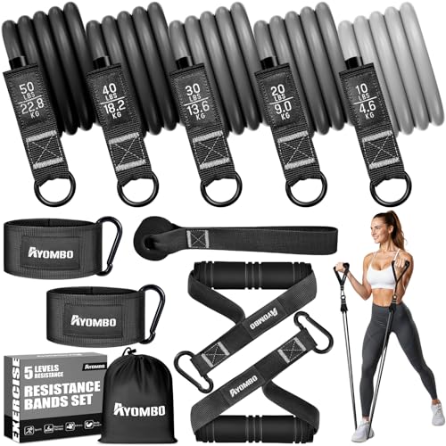 Ayombo Resistance Bands with Handles for Women, 150LBS Exercise Bands Set for Physical Therapy Yoga Pilates, 5 Level Workout Bands for Working Out with Door Anchor, Home Gym Fitness Equipment - color: Black-150LBS