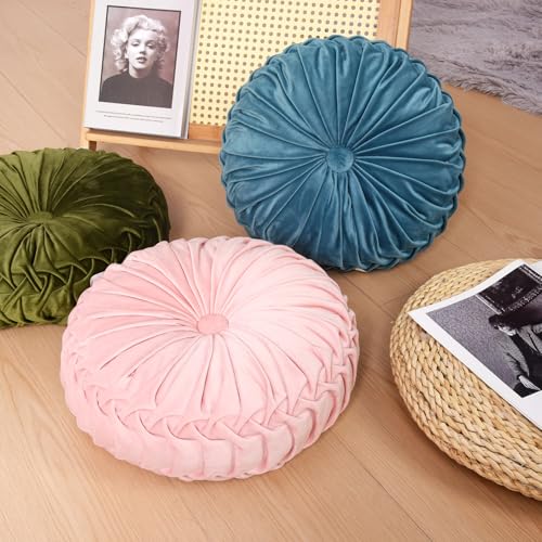 HIG Set of 2 Red Velvet Decorative Round Pleated Throw Pillows - color: Red