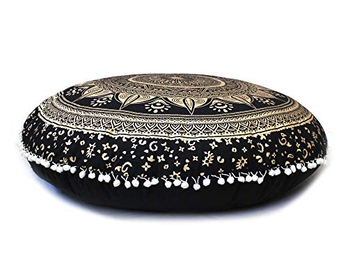 CRAFT KALA 32" Bohemian Floor Pillow Cover Boho Large Round Pouf Cover Mandala Meditation Room Pillows Cover for Adults Seating Poufs Cushion Cover for Kids Playroom Black Gold Trishul - color: Black Gold Trishul