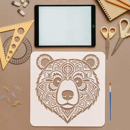 FINGERINSPIRE 12 Styles Mandala Texture Animal Stencils with a Brush 11.8x11.8inch Tiger Bear Owl Tiger Bear Owl Horse Leopard Deer Dog Turtle Lion Wolf Rabbit Painting Stencil Animal Theme Template
