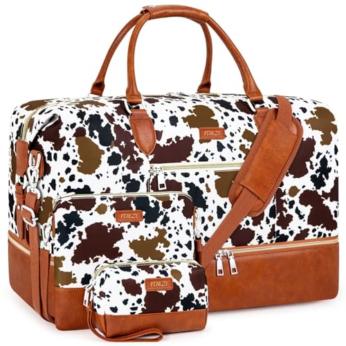 ITIEZY Weekender Bag for Women 21.5" Travel Duffel Large Carry On Bag 3PCS | Nylon Duffel Bag with Waterproof Shoe Compartment, Crossbody Bag and Toiletry Bag, Travel Weekend Hospital Overnight Gym Bag - color: 5-Brown Cow