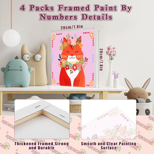 4 Pack Cat Paint by Number for Kids with Wooden Frame - Wooden Easel | Paint by Numbers for Kids Cats Ages 4-8-12, Easy Cat DIY Acrylic Oil Painting Kits for Home Wall Decor (8X8 inch) - color: BKH2194+BKH2195+BKH2196+BKH2197