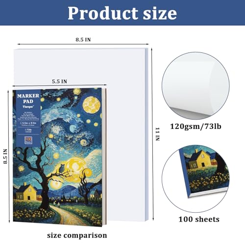 Tlenpo 8.5 x 5.5 Marker Paper Pad 100 Sheets, Bleedproof Sketchbook for Alcohol Markers, 120gsm/73lb Art Sketch Pad Paper Painting Coloring Paper for Drawing & Coloring - size: A-8.5×5.5in