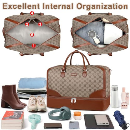 ITIEZY Weekender Bag for Women 21.5" Travel Duffel Large Carry On Bag 3PCS | Nylon Duffel Bag with Waterproof Shoe Compartment, Crossbody Bag and Toiletry Bag, Travel Weekend Hospital Overnight Gym Bag - color: 9-light Brown