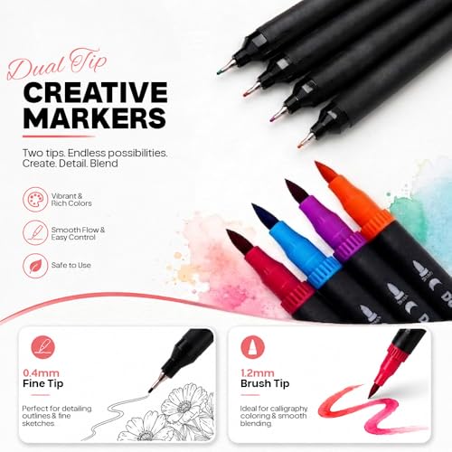 Simpson Storefront 72 Colors Dual Tip Art Markers Set - Fine & Brush Tip Pens for Adult Coloring Books, No Bleed, Bullet Journaling, Calligraphy, Sketching, Drawing - Dual Brush Pen Art Kit with Case