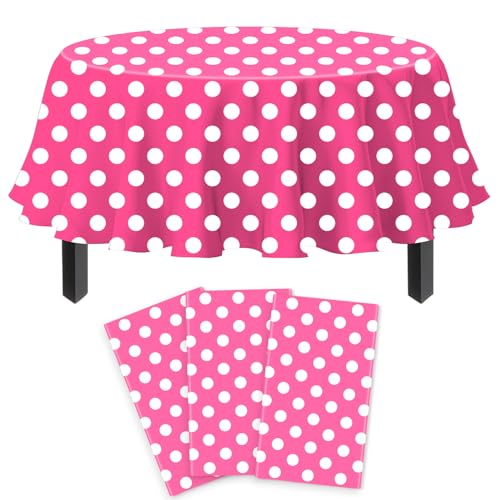 3 Pack Pink and White Polka Dots Round Tablecloth Pink Round Table Cover with White Polka Dot Plastic Table Cloth 84 in for Kitchen Dining Wedding Party