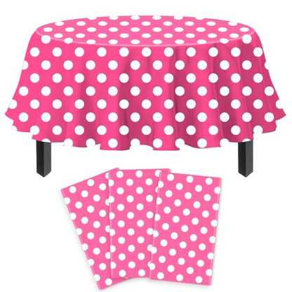 3 Pack Pink and White Polka Dots Round Tablecloth Pink Round Table Cover with White Polka Dot Plastic Table Cloth 84 in for Kitchen Dining Wedding Party