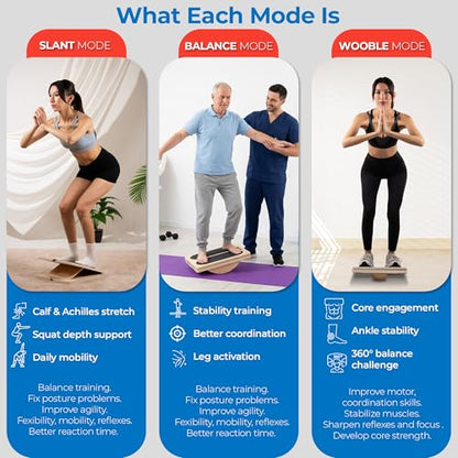 Slant Board for Exercise, 3-in-1 Wooden Calf Stretcher, Rocker Balance Board and 360° Wobble Board, 5 Adjustable Angles, Anti-Slip Surface, Training Poster Included - size: Standard