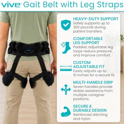 Vive Gait Belt with Leg Straps - Heavy Duty Transfer Belt with Quick - style: Heavy Duty Transfer Belt with Loops