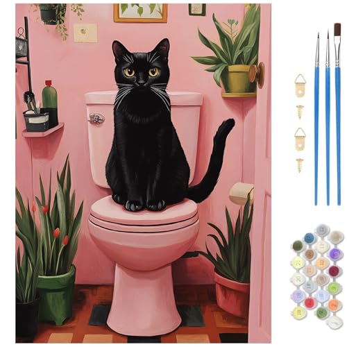 MAXBYE Cat Paint by Numbers Kit for Adults, Kids' Paint By Number, Black Cat Paint by Numbers Kits for Beginner, DIY Easy Acrylic Color by Number on Canvas for Home Wall Decor Gift 12X16 Inch - color: Black cat on pink toilet