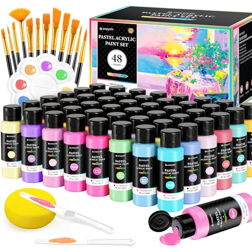 64 PCS Pastel Acrylic Paint Set, 48 Colors (2oz/60ml) Art Craft Paint | with 12 Brushes, 2 Knives & Palette, Paint for Adults Artists Beginners, Canvas Ceramic Rocks Wood Painting Kit Art Supplies - color: Pastel Colors, size: 2 Fl Oz (Pack of 48)