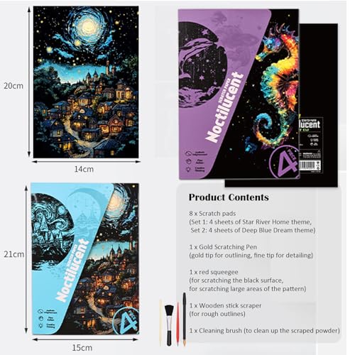 Scratchboard Art for Adults Luminous Scratch Painting Kits-A5/8 PCS-Dreams | Glow in Dark Scratch Card Art Kit, Calming DIY Activity for Adults Teens, Mindful Hobby, Stress Relief Craft and Wall Art - style: Dream