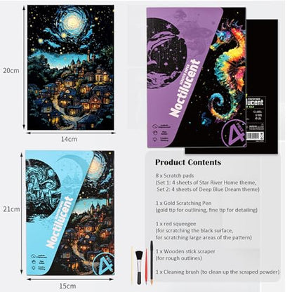 Scratchboard Art for Adults Luminous Scratch Painting Kits-A5/8 PCS-Dreams | Glow in Dark Scratch Card Art Kit, Calming DIY Activity for Adults Teens, Mindful Hobby, Stress Relief Craft and Wall Art - style: Dream