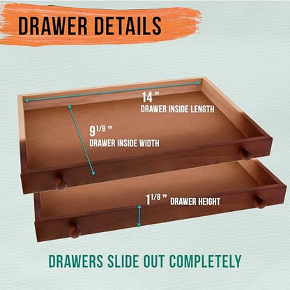 U.S. Art Supply 2-Drawer Artist Tool Supply Box with Locking Clasps & Fold-Up Drawing Easel - Walnut Color Art Box for Artist Supplies, Brushes, Pencils, Erasers, Tool Storage Organizer Case