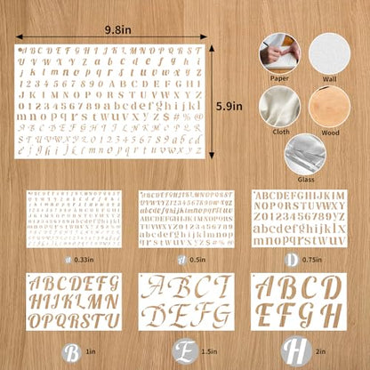 45 Pack Letter Stencils for Painting, Reusable Alphabet & Number Set | 6 Sizes: 1/3" To 2"; Plastic, Washable Sheets; For Crafts, Signs, Scrapbook, Home Decor - size: Small