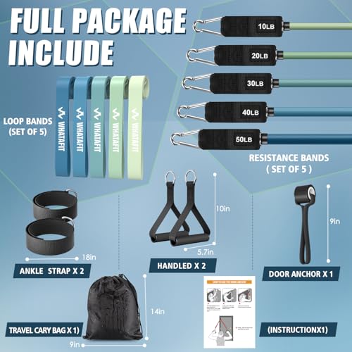 WHATAFIT Resistance Bands with Handles, 5-Level Exercise Bands for Workout - color: Blue 16PCS