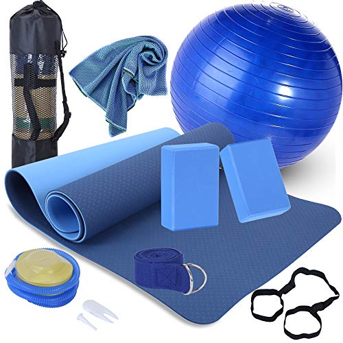 Yoga Starter Kit - 11-Piece Set with Yoga Blocks, Strap, Ball, Mat, Carrying Strap, Net Bag, Cooling Towel - color: Blue