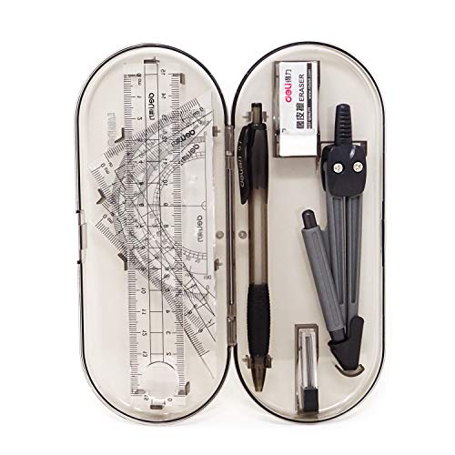 Honbay 8PCS Math Geometry Kit Set for Student and Engineering Drawing - Drawing Compass, 0.7mm Mechanical Pencil, 0.7mm Pencil Lead Refills, Eraser, Protractor, Rulers