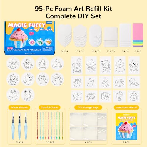 RuiHawk 95 Pcs Magic Foam Painting Refill Kit, 75 Sheets 3D Textured Paper, 3 Water Brushes, 10 Keychains – Mess-Free, Water-Activated, Non-Toxic – with Gift Box, Travel Art Set for Kids Ages 5-10 - color: 75 Foam Refill Kit + 20 Accessories