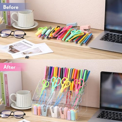 Cinnvoice Acrylic Pen Organizer 4 Tier 20 Compartments Clear Vertical Marker & Pencil Holder Large Desk Stationery & Art Supply Storage for Desk, Office, School, Easy Assembly, 10.4 x 7.1 x 7.5 Inch