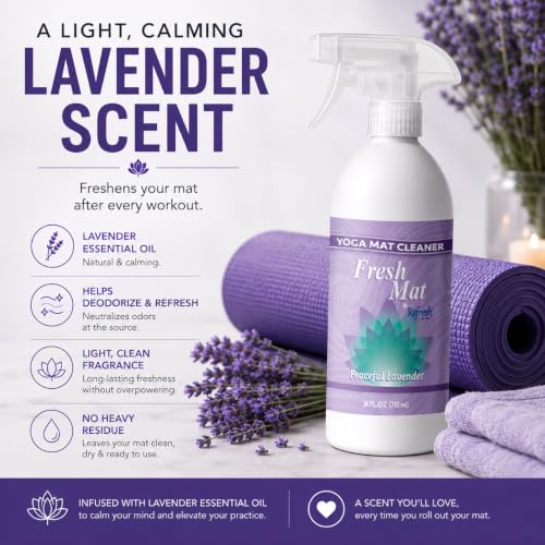 Fresh Mat Yoga Mat Cleaner Spray - Natural Deodorizing Cleaner for Yoga Mats & Fitness Equipment - No-Rinse, Residue-Free Formula with Witch Hazel & Essential Oil, Peaceful Lavender (12 fl oz). - size: 12 Fl Oz (Pack of 1)