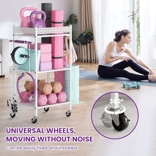 VOPEAK Home Gym Storage Rack, 3-Tier Yoga Mat Storage with Wheels & Hooks | 200 lbs steel rack with lockable casters & side hooks. 3-tier fits yoga mats & dumbbells — 10-min assembly - color: WHITE