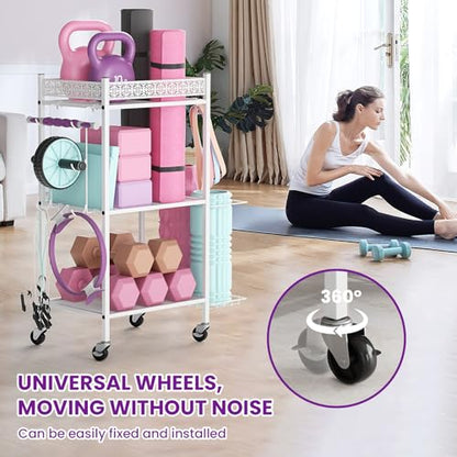 VOPEAK Home Gym Storage Rack, 3-Tier Yoga Mat Storage with Wheels & Hooks - color: WHITE