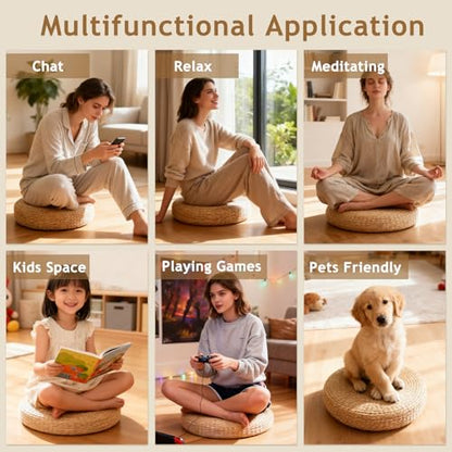 Straw Cushion Floor Pillow Japanese Style Handcrafted Tatami Floor Cushion Mat Natural Woven Grass Seat Cushions Round Padded Room Floor Straw Mat for Home 45cm - size: 44*44*5cm